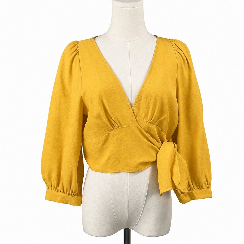 NWT ZARA Women's Wrap Blouse Puff Sleeve Mustard Yellow M Romantic Cottagecore